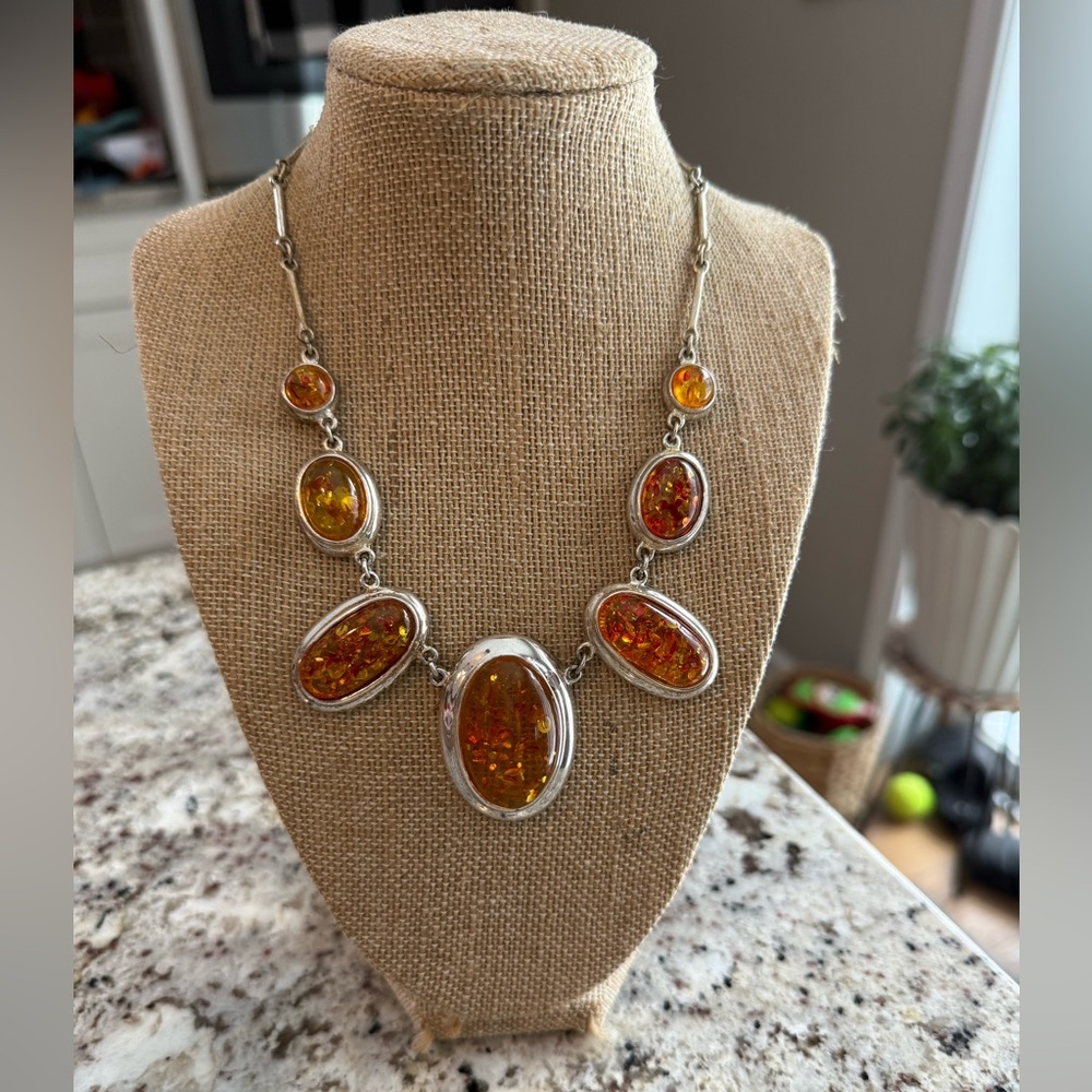 Vintage Natural Amber cabochon silver tone necklace